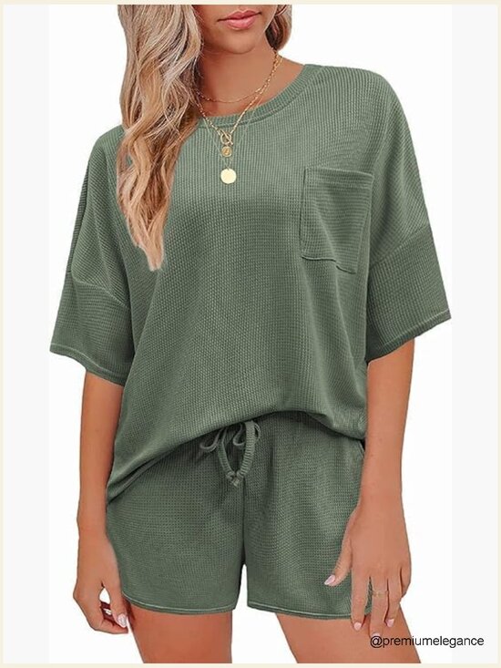 Other - Waffle Knit Lounge Set Short Sleeve Top & Shorts 2 Piece Pajamas with Pockets